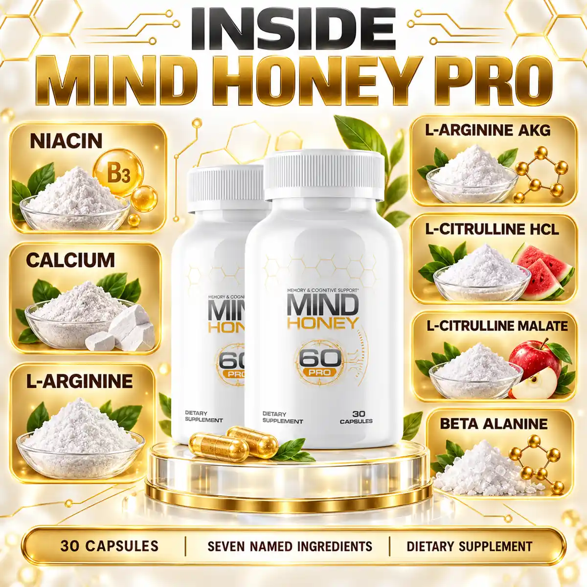 The Mind Honey Pro ingredients panel naming all seven actives