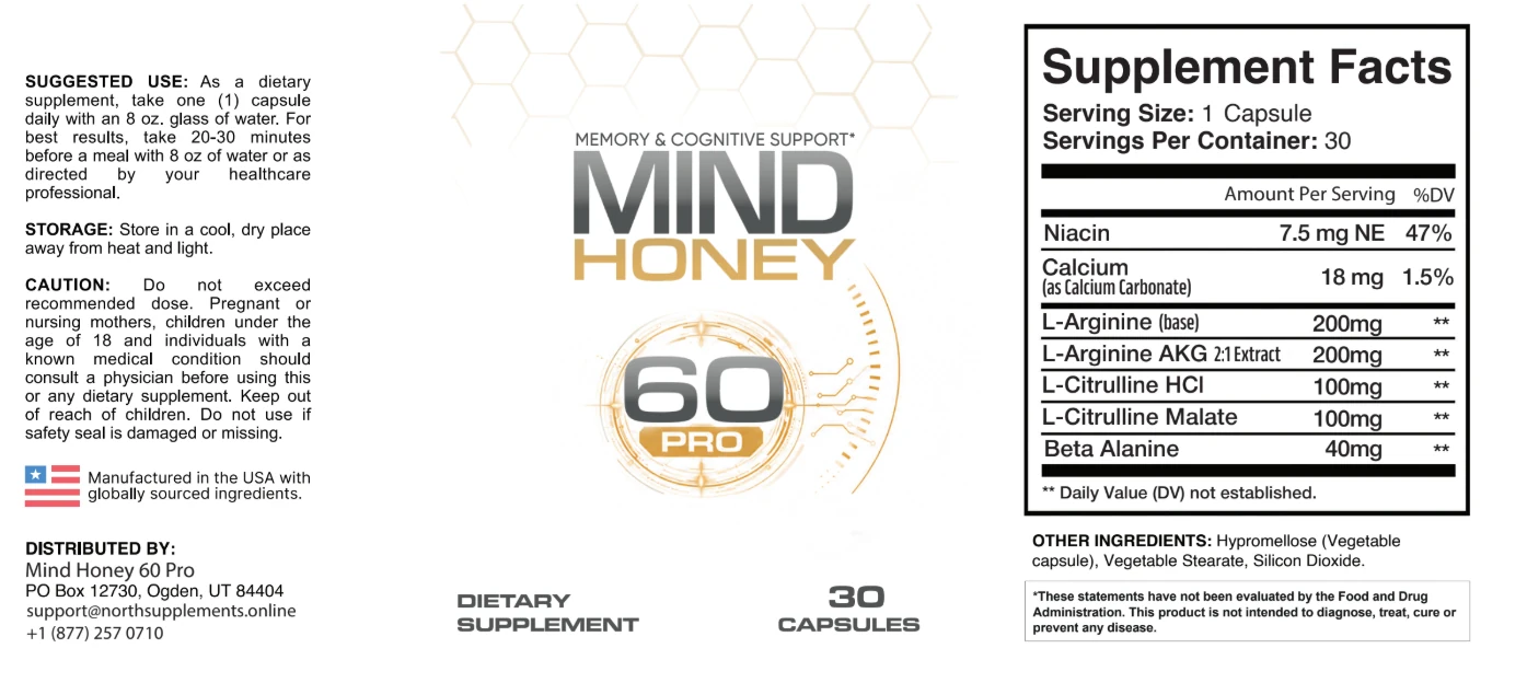 The Mind Honey Pro Supplement Facts panel and label artwork as printed
